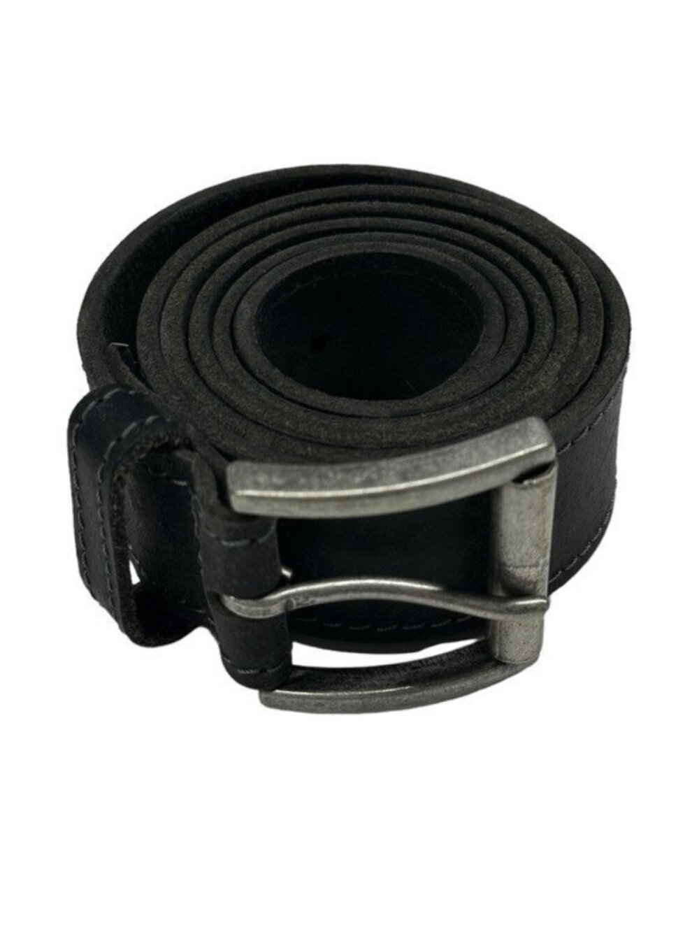 Buckle Men's 43"-47" Waist Belt Black Leather Casual Contrast Trim Silver Tone